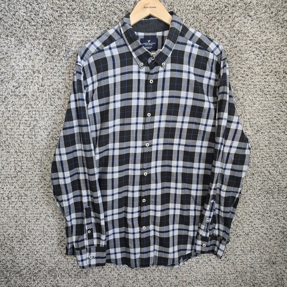 American Eagle Shirt Mens XXL 2XL Black Plaid‎ Flannel Button Up Classic Fit